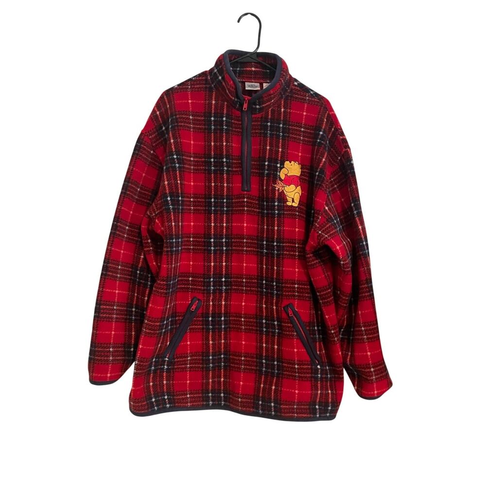 90s Disney Store Red Plaid Winnie the Pooh Fleece Pullover Tartan Jacket Large